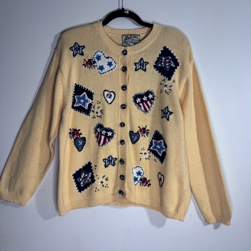 Heirloom Collectibles Americana Heart Star Cardigan Sweater XL Vintage